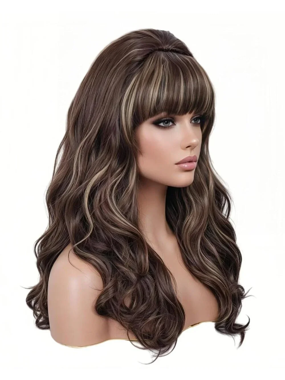 Women's Brown Mixed Heat Resistant Synthetic Fiber Retro Long Wavy Wigs Bangs